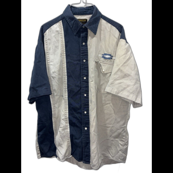 Rustler by Wrangler L Two Tone Western Shirt Blue Cream Panel Button Up Vintage - Picture 1 of 4